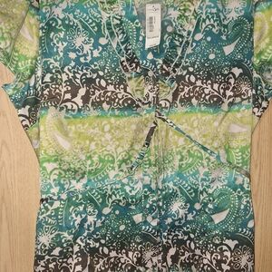 East 5th Green Teal Printed V-Neck Tie-Front Tunic